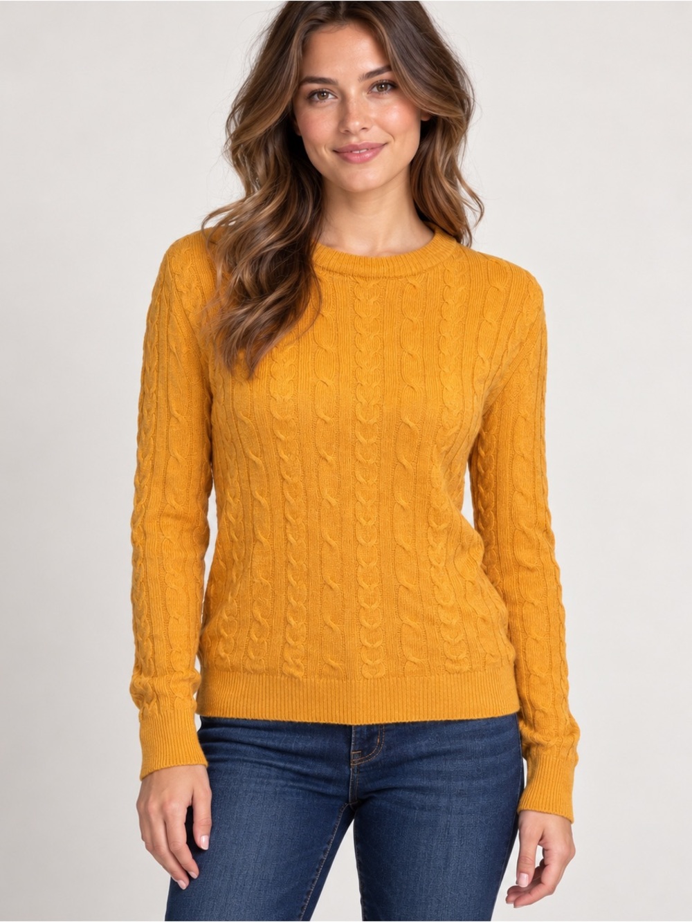 Classic casual golden mustard cable knit fitted crewneck sweater academia